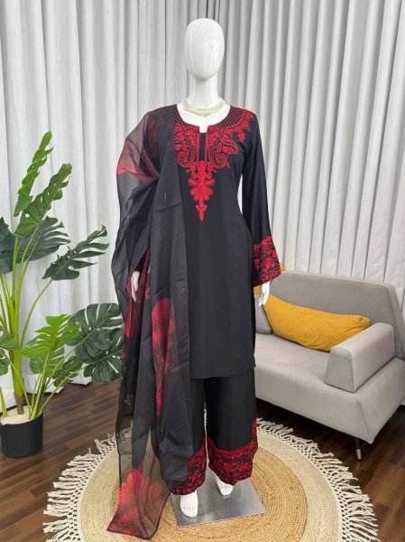 Black Rayon Cotton Casual Wear Suit with Thread Work and Dupatta Ready To Wear Collection