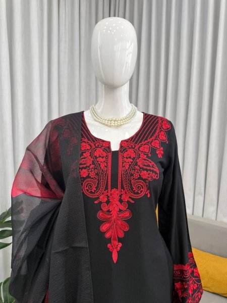 Black Rayon Cotton Casual Wear Suit with Thread Work and Dupatta Ready To Wear Collection