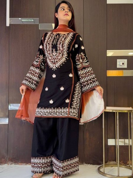 Black Rayon Cotton Embroidered Kurti Farshi Pant Set with Georgette Dupatta Ready To Wear Suit