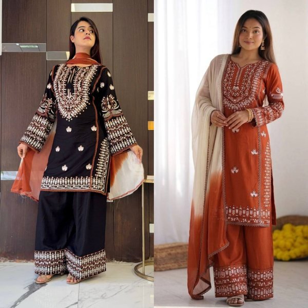 Black Rayon Cotton Embroidered Kurti Farshi Pant Set with Georgette Dupatta Ready To Wear Collection