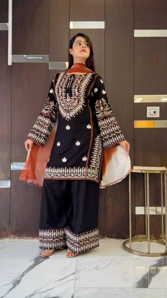 Black Rayon Cotton Embroidered Kurti Farshi Pant Set with Georgette Dupatta Ready To Wear Collection