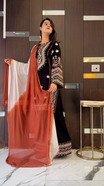 Black Rayon Cotton Embroidered Kurti Farshi Pant Set with Georgette Dupatta Ready To Wear Collection