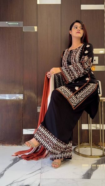 Black Rayon Cotton Embroidered Kurti Farshi Pant Set with Georgette Dupatta Ready To Wear Collection