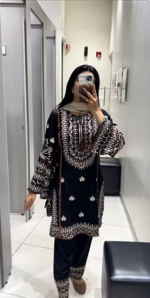 Black Rayon Cotton Embroidered Kurti Farshi Pant Set with Georgette Dupatta Ready To Wear Collection