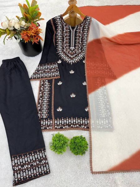 Black Rayon Cotton Embroidered Kurti Farshi Pant Set with Georgette Dupatta Ready To Wear Collection