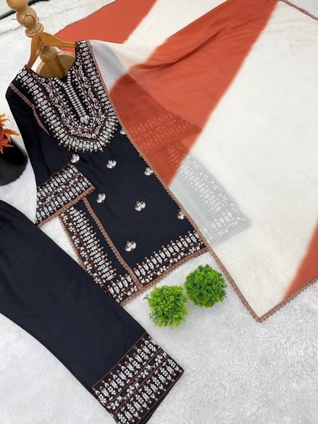 Black Rayon Cotton Embroidered Kurti Farshi Pant Set with Georgette Dupatta Ready To Wear Collection