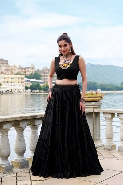 Black Rayon Gamthi Jacket Lehenga Choli Navratri Garba Collection Navratri Lehnega Choli