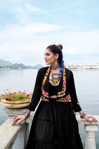 Black Rayon Gamthi Jacket Lehenga Choli Navratri Garba Collection Navratri Lehnega Choli