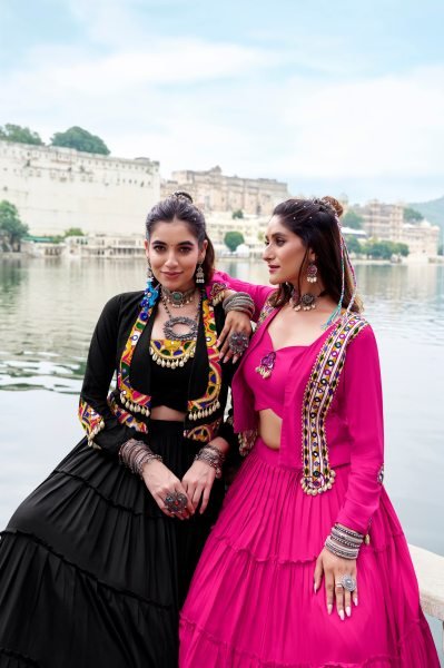Black Rayon Gamthi Jacket Lehenga Choli Navratri Garba Collection Navratri Lehnega Choli