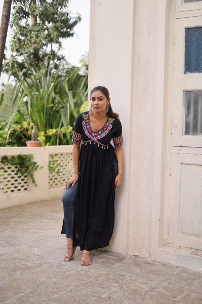 Black Rayon Long Kurti with V Neck and Kutchi Gamthi Work Stylish Navratri Collection  Navratri Collection