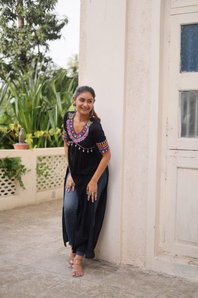 Black Rayon Long Kurti with V Neck and Kutchi Gamthi Work Stylish Navratri Collection  Navratri Collection