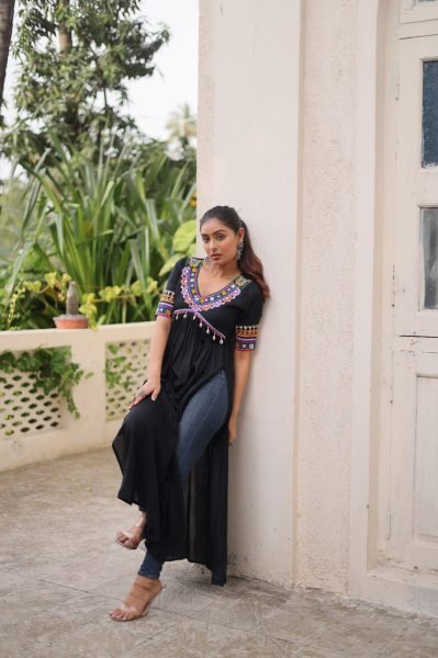 Black Rayon Long Kurti with V Neck and Kutchi Gamthi Work Stylish Navratri Collection  Navratri Collection