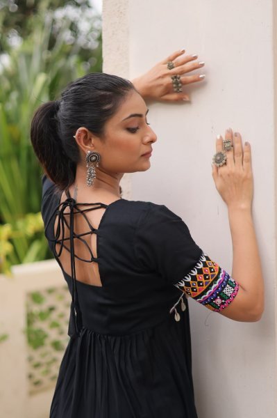 Black Rayon Long Kurti with V Neck and Kutchi Gamthi Work Stylish Navratri Collection  Navratri Collection