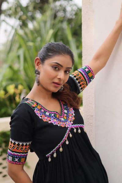 Black Rayon Long Kurti with V Neck and Kutchi Gamthi Work Stylish Navratri Collection  Navratri Collection