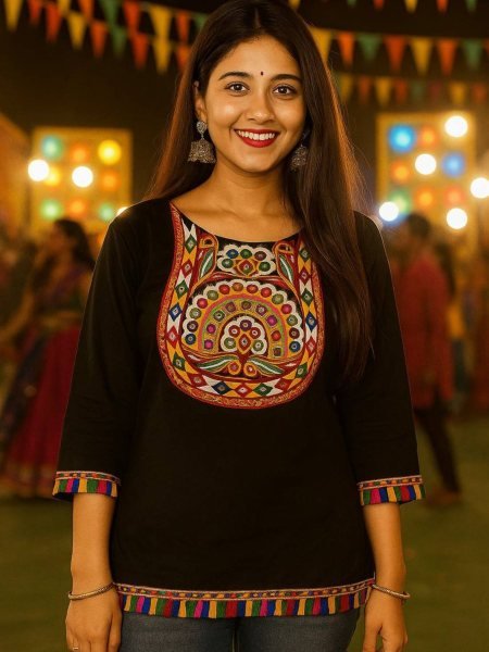 Black Rayon Mirror Work Short Kurti with Gamthi Lace Perfect for Navratri Garba Nights 