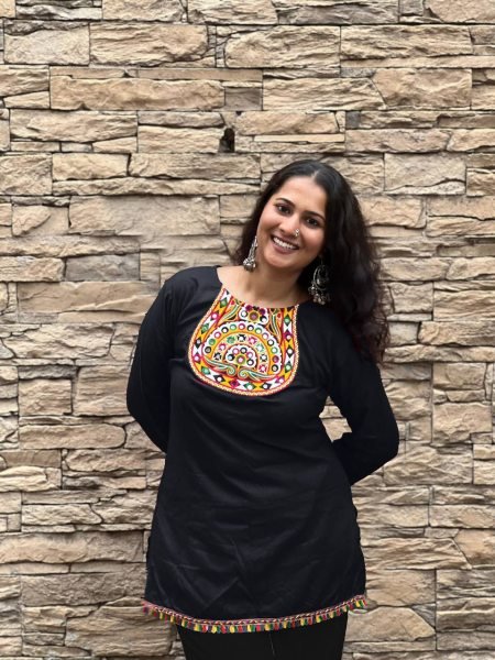 Black Rayon Mirror Work Short Kurti with Gamthi Lace Perfect for Navratri Garba Nights Navratri Collection