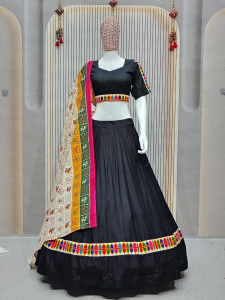 Black Rayon Navratri Chaniya Choli with Gamthi Patchwork Dupatta for Garba Special  Lehenga