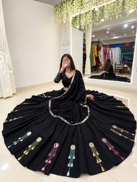 Black Rayon Navratri Lehenga Choli with Embroidery and Real Mirror Work for Navrati  Lehenga