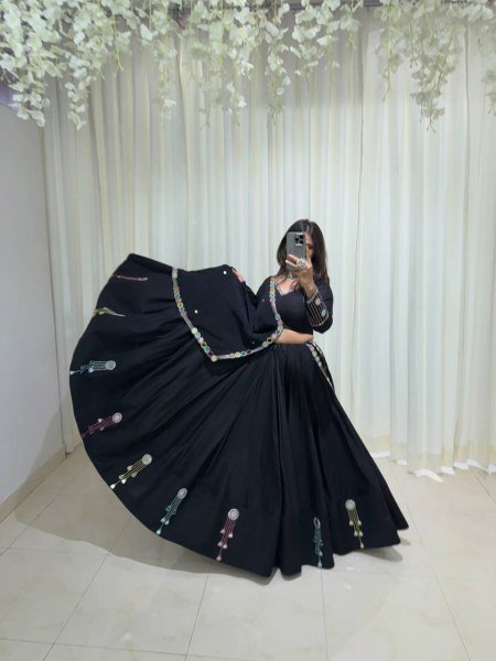 Black Rayon Navratri Lehenga Choli with Embroidery and Real Mirror Work for Navrati Navratri Lehnega Choli