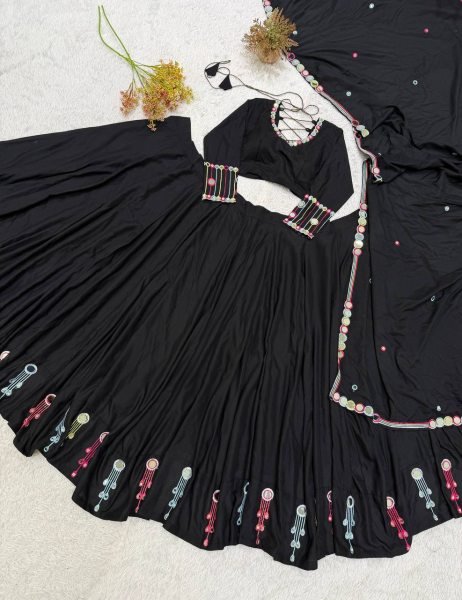 Black Rayon Navratri Lehenga Choli with Embroidery and Real Mirror Work for Navrati Navratri Lehnega Choli