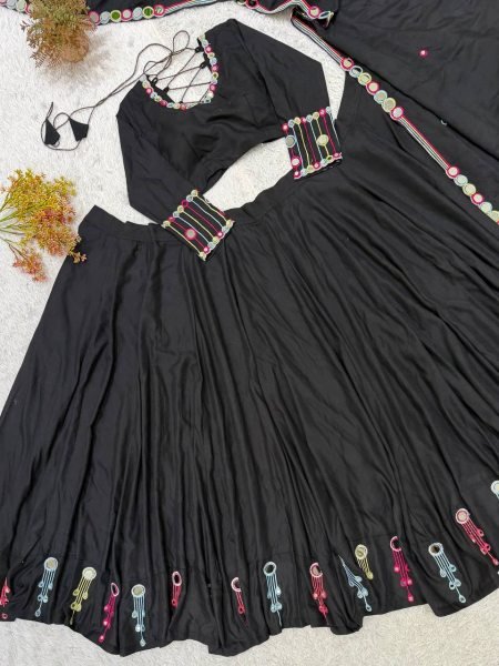 Black Rayon Navratri Lehenga Choli with Embroidery and Real Mirror Work for Navrati Navratri Lehnega Choli
