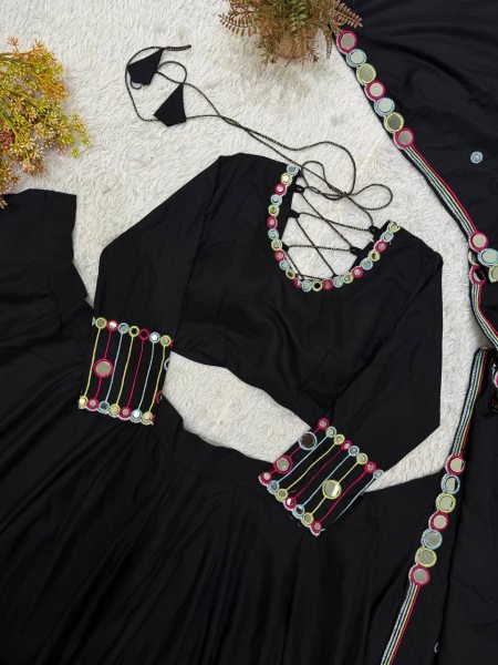 Black Rayon Navratri Lehenga Choli with Embroidery and Real Mirror Work for Navrati Navratri Lehnega Choli