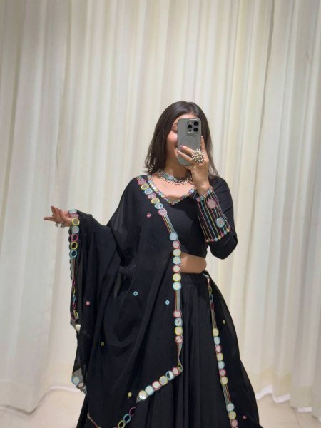 Black Rayon Navratri Lehenga Choli with Embroidery and Real Mirror Work for Navrati Navratri Lehnega Choli