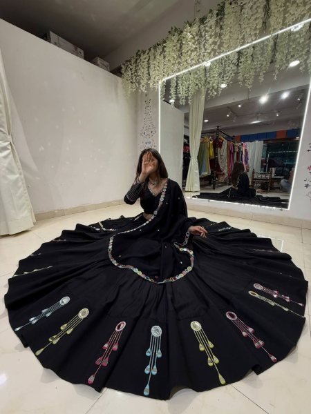 Black Rayon Navratri Lehenga Choli with Embroidery and Real Mirror Work for Navrati Navratri Lehnega Choli