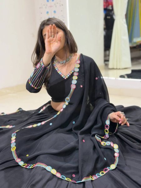 Black Rayon Navratri Lehenga Choli with Embroidery and Real Mirror Work for Navrati Navratri Lehnega Choli