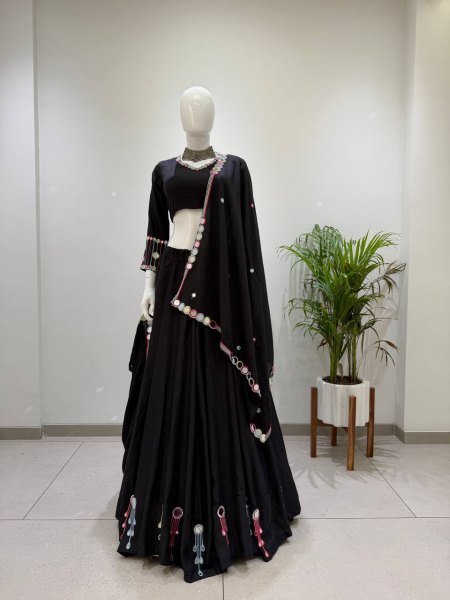 Black Rayon Navratri Lehenga Choli with Embroidery and Real Mirror Work for Navrati Navratri Lehnega Choli