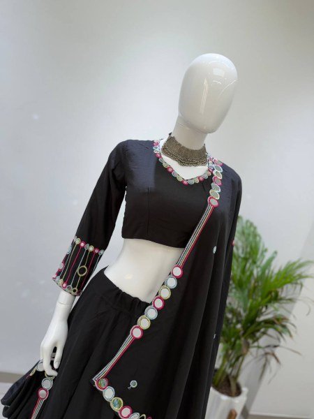 Black Rayon Navratri Lehenga Choli with Embroidery and Real Mirror Work for Navrati Navratri Lehnega Choli