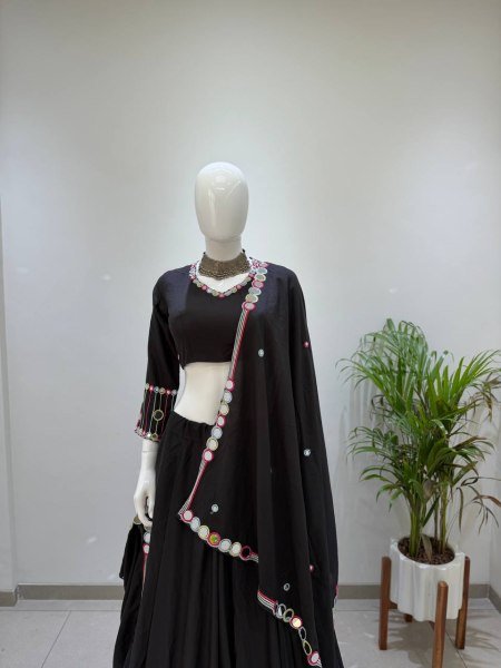 Black Rayon Navratri Lehenga Choli with Embroidery and Real Mirror Work for Navrati Navratri Lehnega Choli