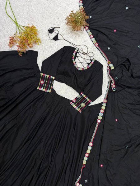 Black Rayon Navratri Lehenga Choli with Embroidery and Real Mirror Work for Navrati Navratri Lehnega Choli
