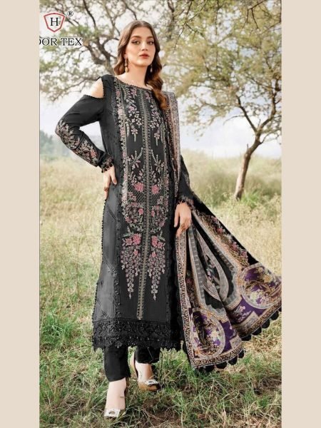 Black Rayon Pakistani Suit with Cotton Printed Dupatta Hoor Tex H 377  Pakistani Suits Wholesale