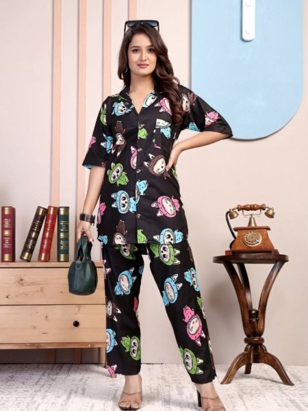 Black Rayon Printed Cord Set with Cute Cartoon Digital Print Cozy Nightwear Kurtis