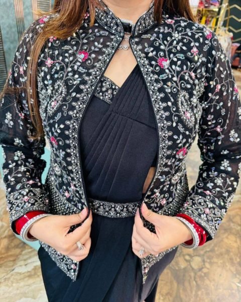 Black Ready To Wear Crepe Silk Saree With Embroidered Jacket Koti For Party Wear Ready To Wear Saree 