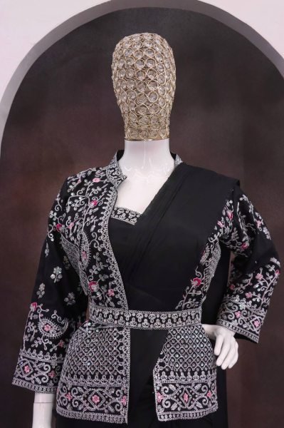 Black Ready To Wear Crepe Silk Saree With Embroidered Jacket Koti For Party Wear Ready To Wear Saree 