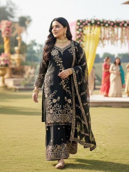Black Readymade Embroidered Faux Georgette Suit with Moti Lace Border For Woman 