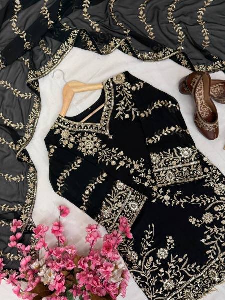 Black Readymade Embroidered Faux Georgette Suit with Moti Lace Border For Woman Ready To Wear Collection
