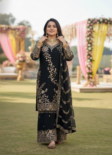 Black Readymade Embroidered Faux Georgette Suit with Moti Lace Border For Woman Ready To Wear Collection