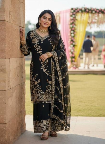 Black Readymade Embroidered Faux Georgette Suit with Moti Lace Border For Woman Ready To Wear Collection