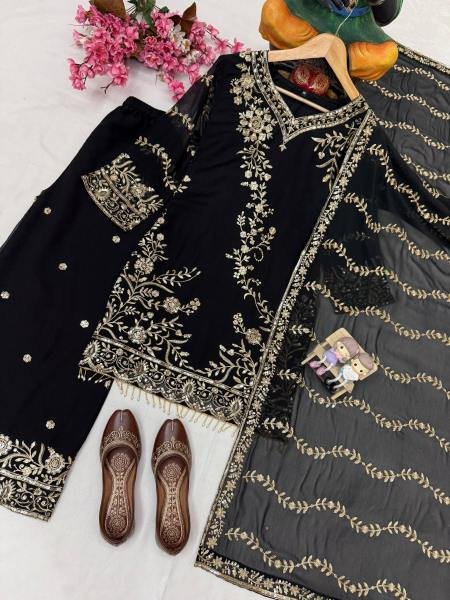 Black Readymade Embroidered Faux Georgette Suit with Moti Lace Border For Woman Ready To Wear Collection