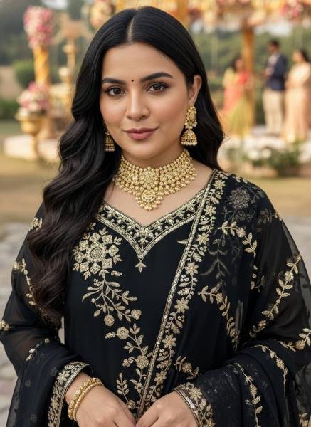 Black Readymade Embroidered Faux Georgette Suit with Moti Lace Border For Woman Ready To Wear Collection