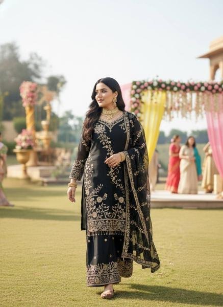 Black Readymade Embroidered Faux Georgette Suit with Moti Lace Border For Woman Ready To Wear Collection