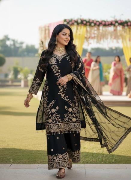 Black Readymade Embroidered Faux Georgette Suit with Moti Lace Border For Woman Ready To Wear Collection