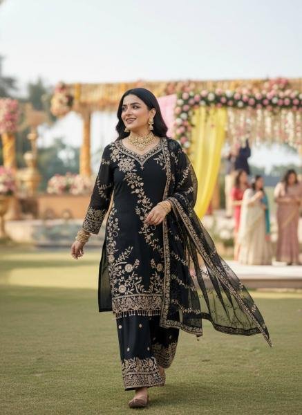 Black Readymade Embroidered Faux Georgette Suit with Moti Lace Border For Woman Ready To Wear Collection