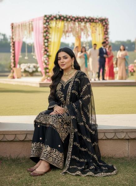 Black Readymade Embroidered Faux Georgette Suit with Moti Lace Border For Woman Ready To Wear Collection