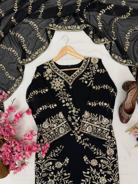 Black Readymade Embroidered Faux Georgette Suit with Moti Lace Border For Woman Ready To Wear Collection