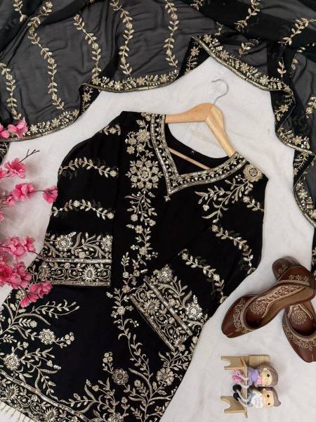 Black Readymade Embroidered Faux Georgette Suit with Moti Lace Border For Woman Ready To Wear Collection