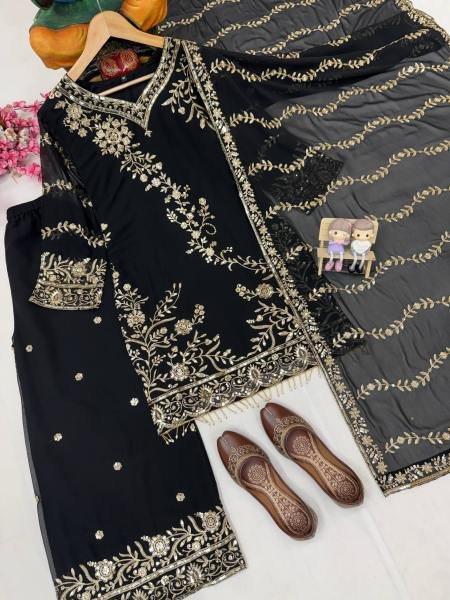 Black Readymade Embroidered Faux Georgette Suit with Moti Lace Border For Woman Ready To Wear Collection